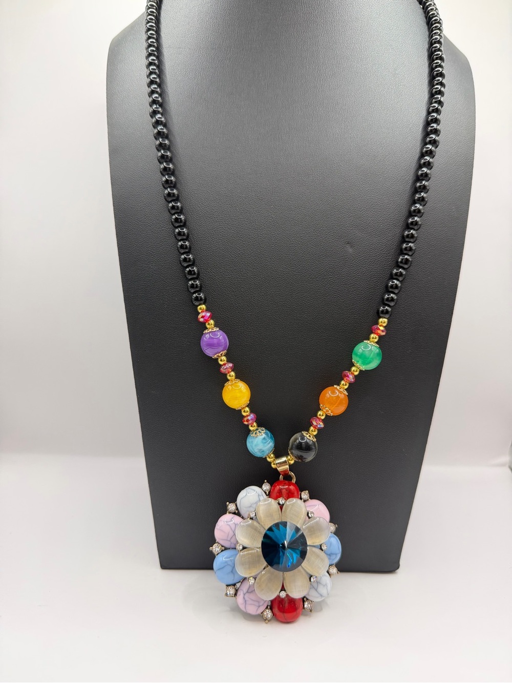 Boho Floral Medallion Necklace | Rainbow Beaded Hippie Statement Pendant - Picture 3 of 8